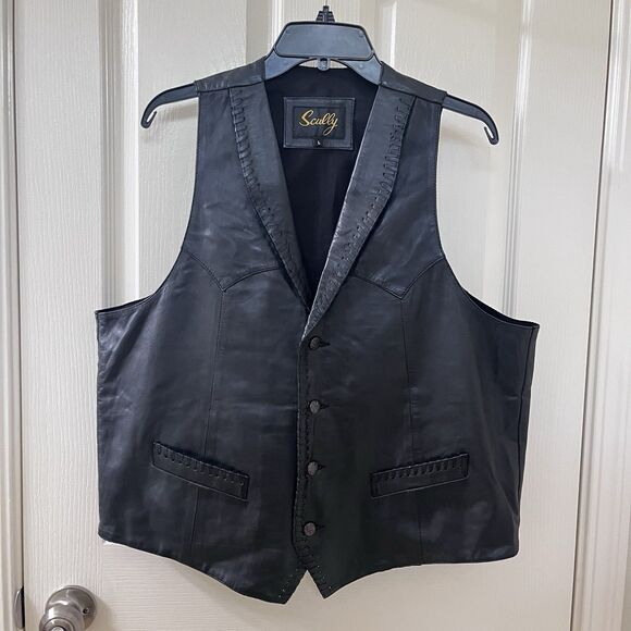 Scully Black Leather Vest Whip Stitch Lapel Pockets Lined Men's Size Large - Picture 1 of 16
